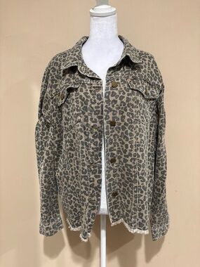Leopard Print Taupe Denim Jacket - Casual Oversized Jean Jacket